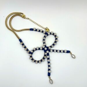 Betsey Johnson Blue Cord Bow Opalescent Rhinestone Gold Tone 16 - 19" Necklace